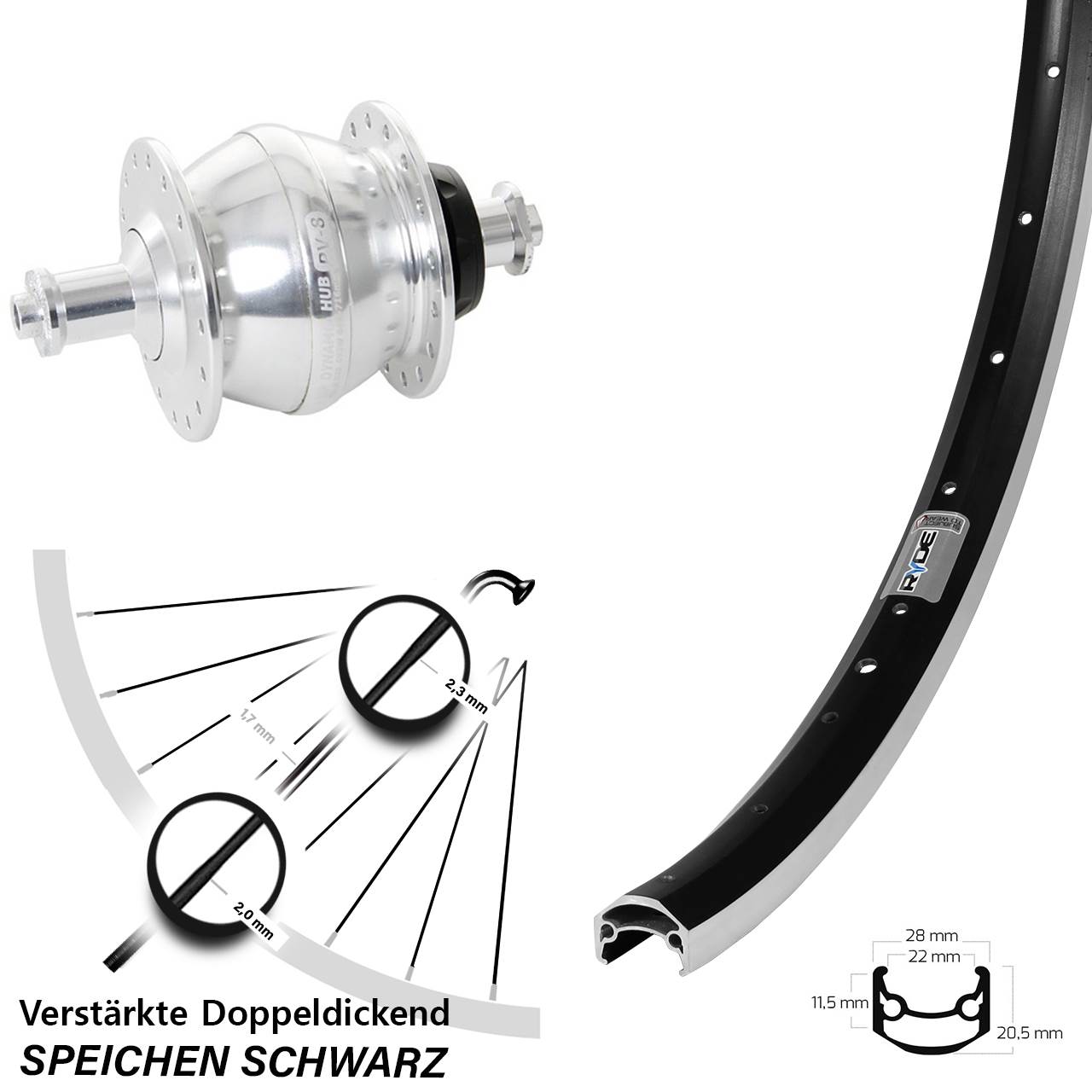 Ryde Andra 35 Shutter PV-8 650B Vorderrad mit Nabendynamo QR