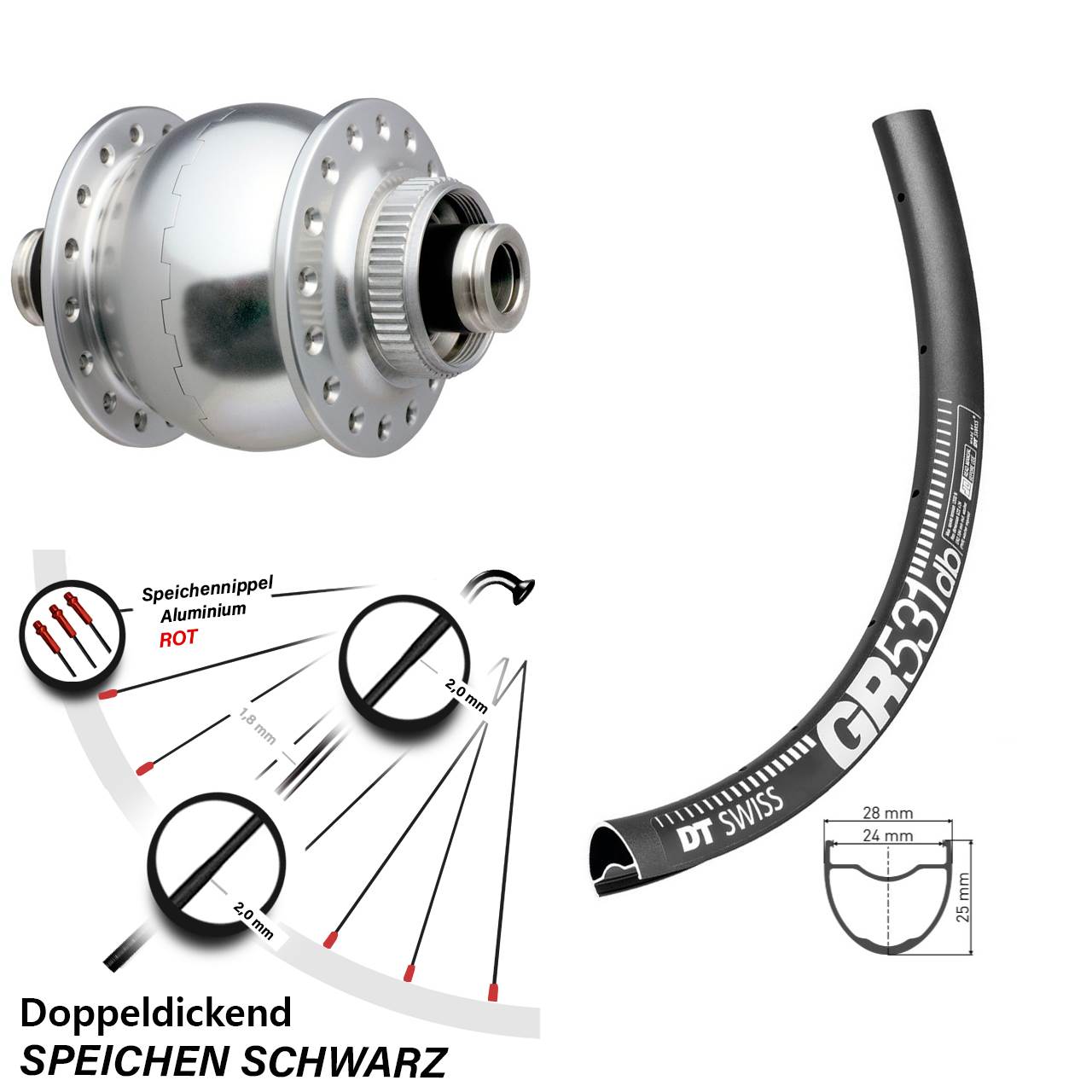 SON 28 silbern DT Swiss GR531 650B Nabendynamovorderrad Centerlock 12x100