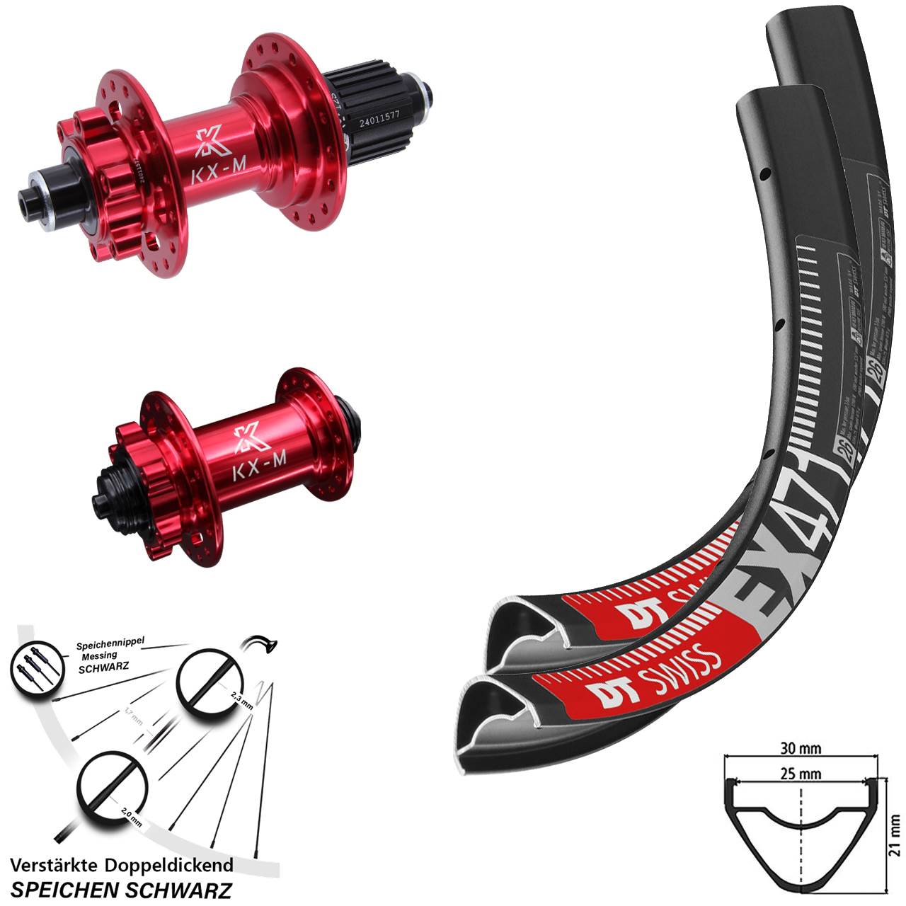 Disc Laufradsatz 26 Zoll DT Swiss EX 471 KX-M rot Shimano Micro Spline für Schnellspanner