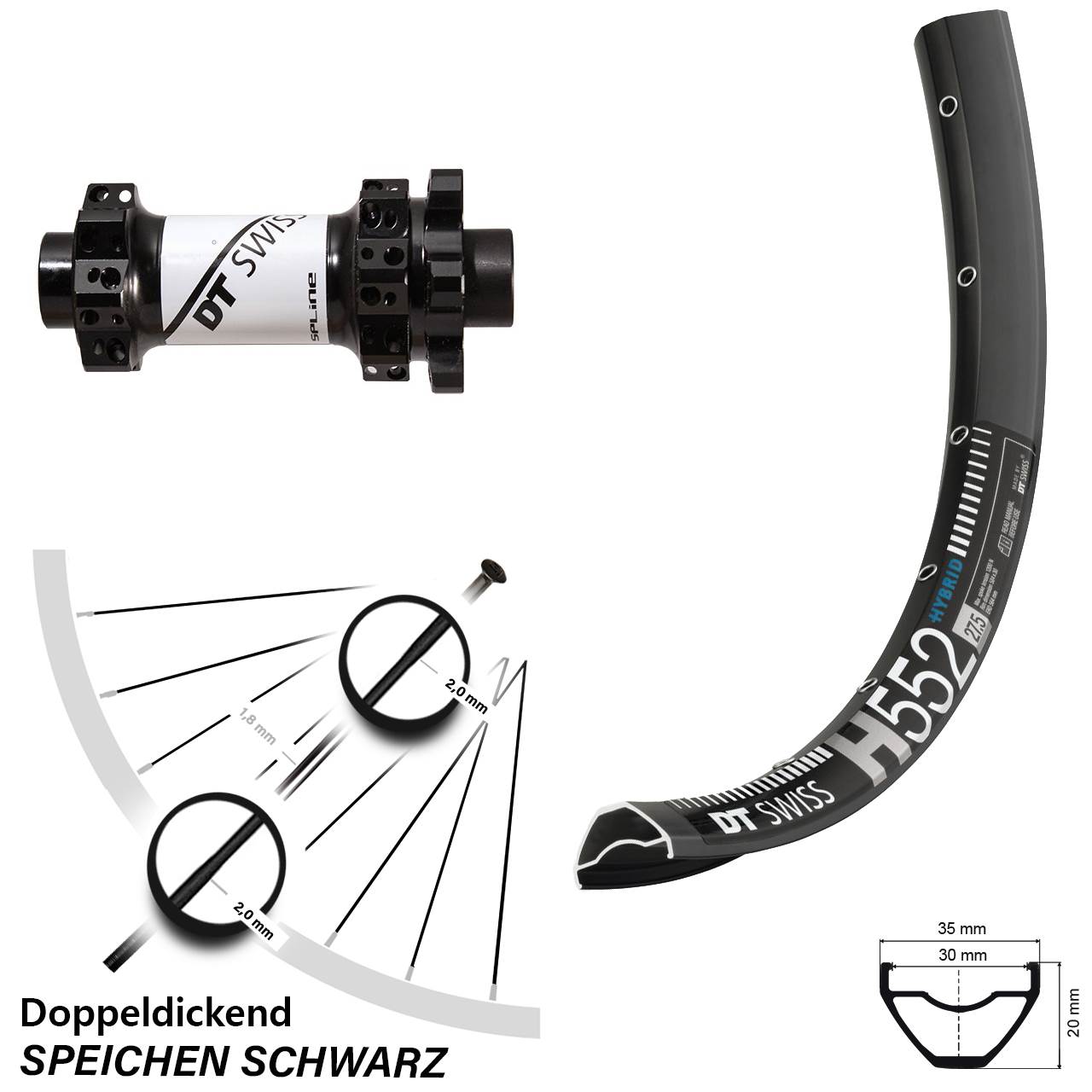 DT Swiss H 552 X 1900 Vorderrad 27,5 Zoll 6-Loch 15 mm Straightpull