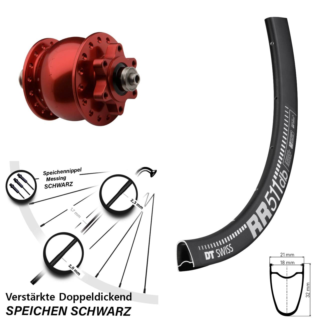 DT Swiss RR511 SON 28 Zoll rot Disc Vorderrad mit Nabendynamo für Schnellspanner