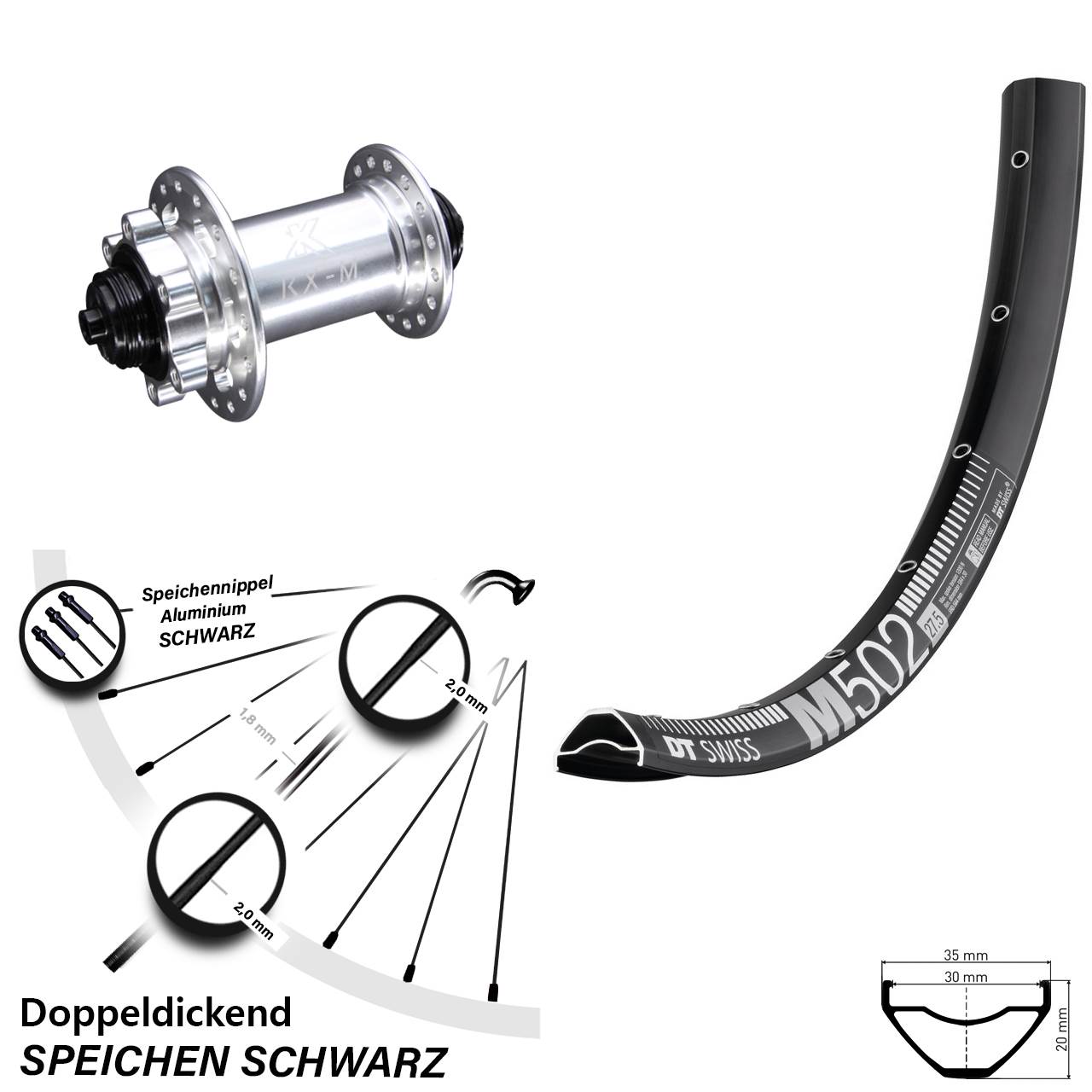 29 Zoll DT Swiss M 502 Disc KX-M 6-Loch Vorderrad QR