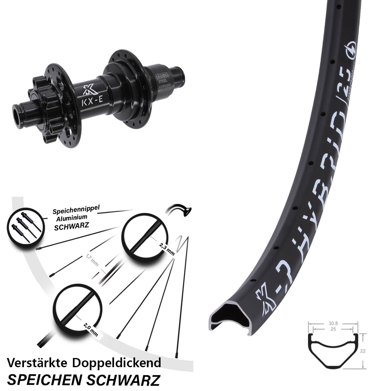 Hinterrad 26 Zoll KX-R Hybrid 25 E-Bike SRAM XD 12x148 Boost