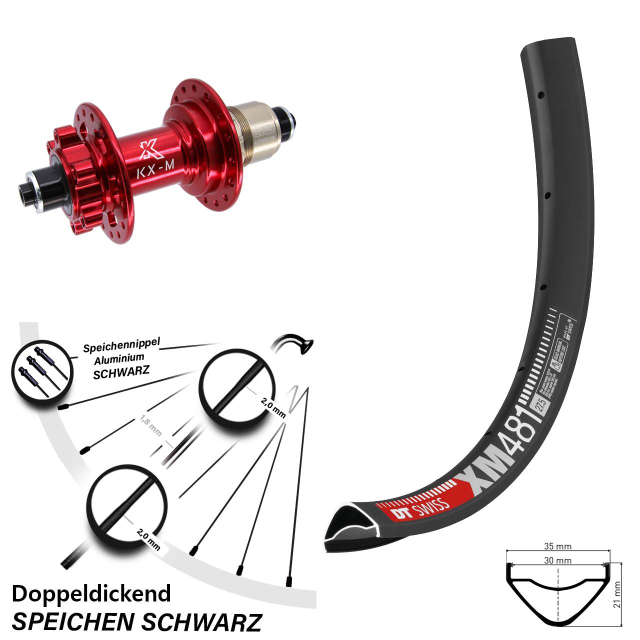 27,5 Zoll DT Swiss XM481 KX-M rot 6-Loch Hinterrad QR XD