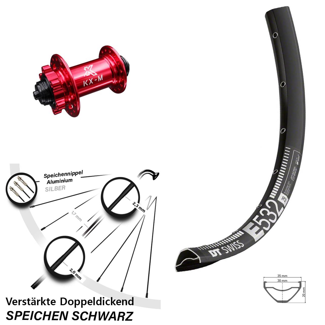 29 Zoll DT Swiss E 532 KX-M rot Vorderrad 6-Loch QR