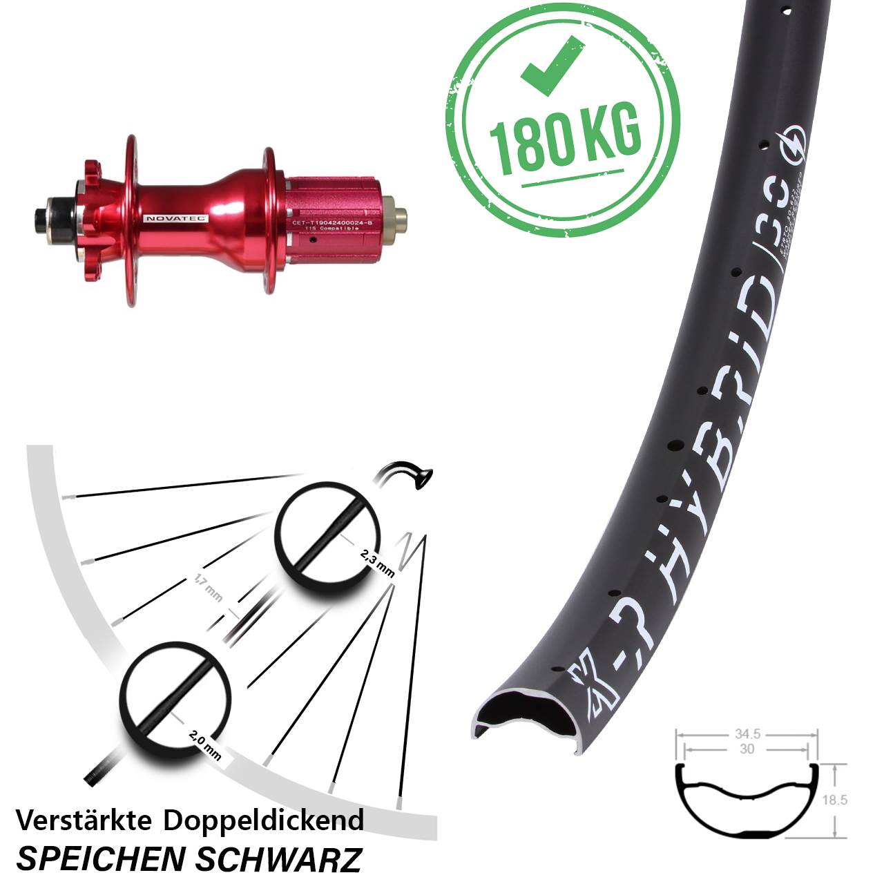 29 Zoll KX-R Hybrid 30 Novatec D792 Hinterrad 6-Loch QR 8-12 fach HG
