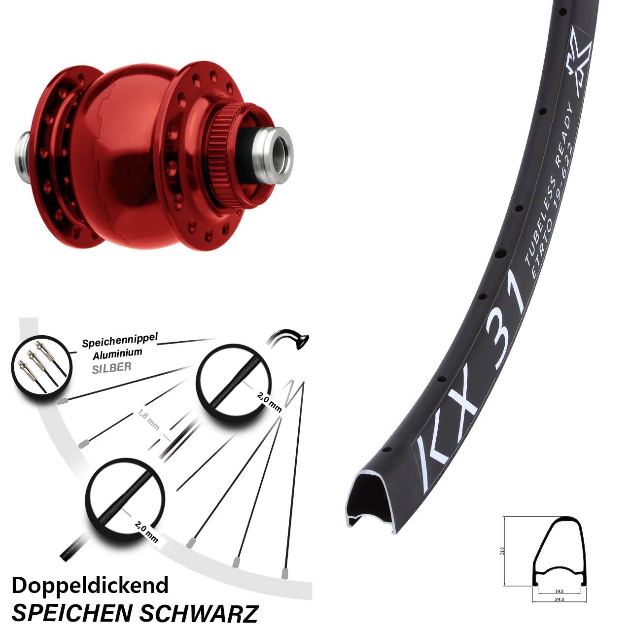 KX31 OS SON 28 Zoll rot Dynamo-Vorderrad Centerlock 12x100