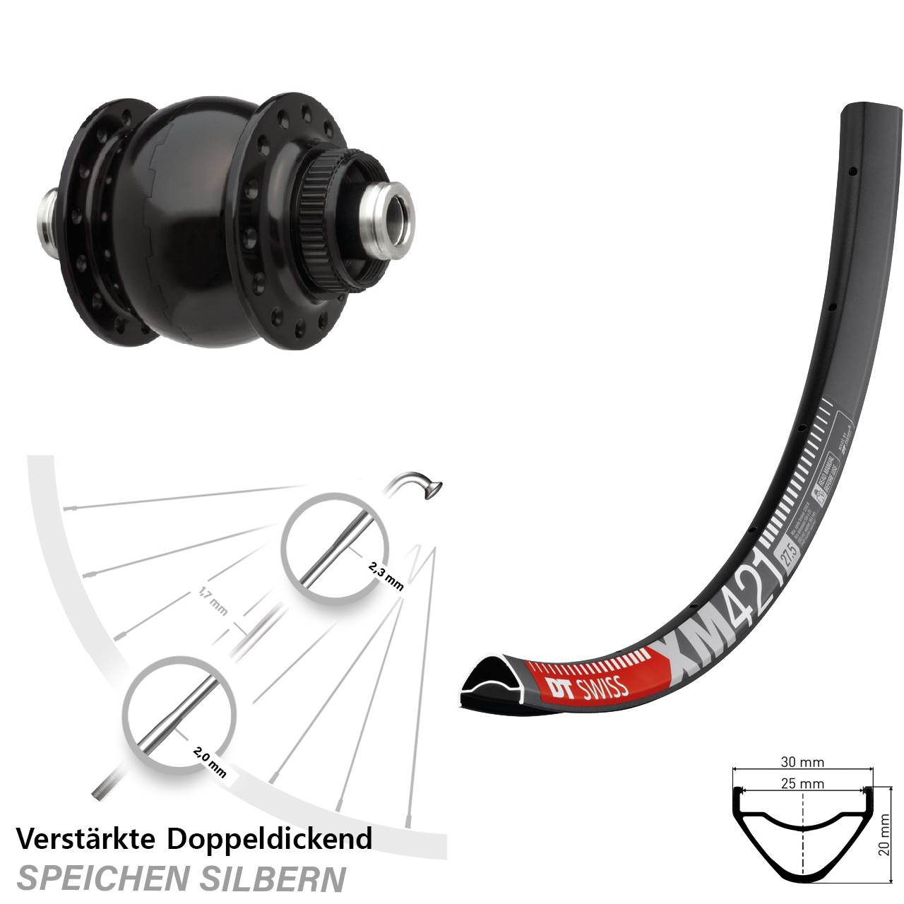 Nabendynamovorderrad Centerlock 12x100 29 Zoll DT Swiss XM421 SON delux