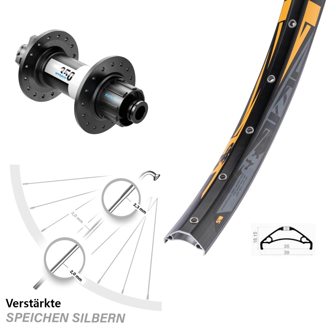 Laufrad 27,5 Zoll Rodi TRYP 35 DT Swiss 350 Hybrid Singlespeed 12x142 6-Loch