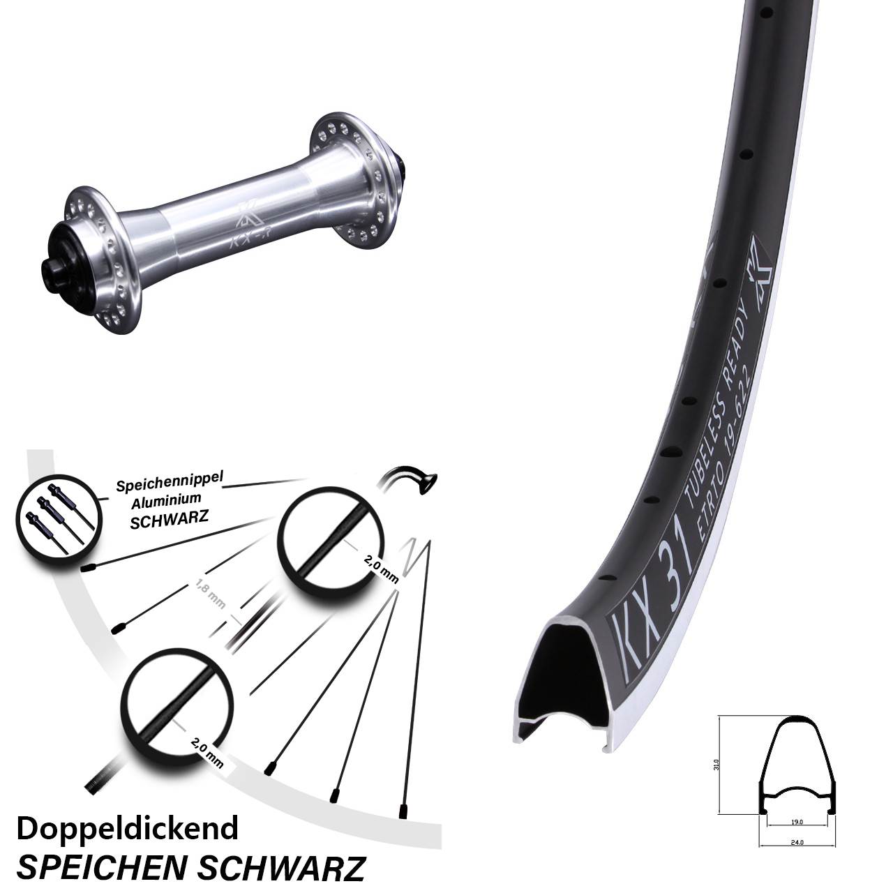 Laufrad 28 Zoll KX 31 KX-R Felgenbremse 5/100 silbern