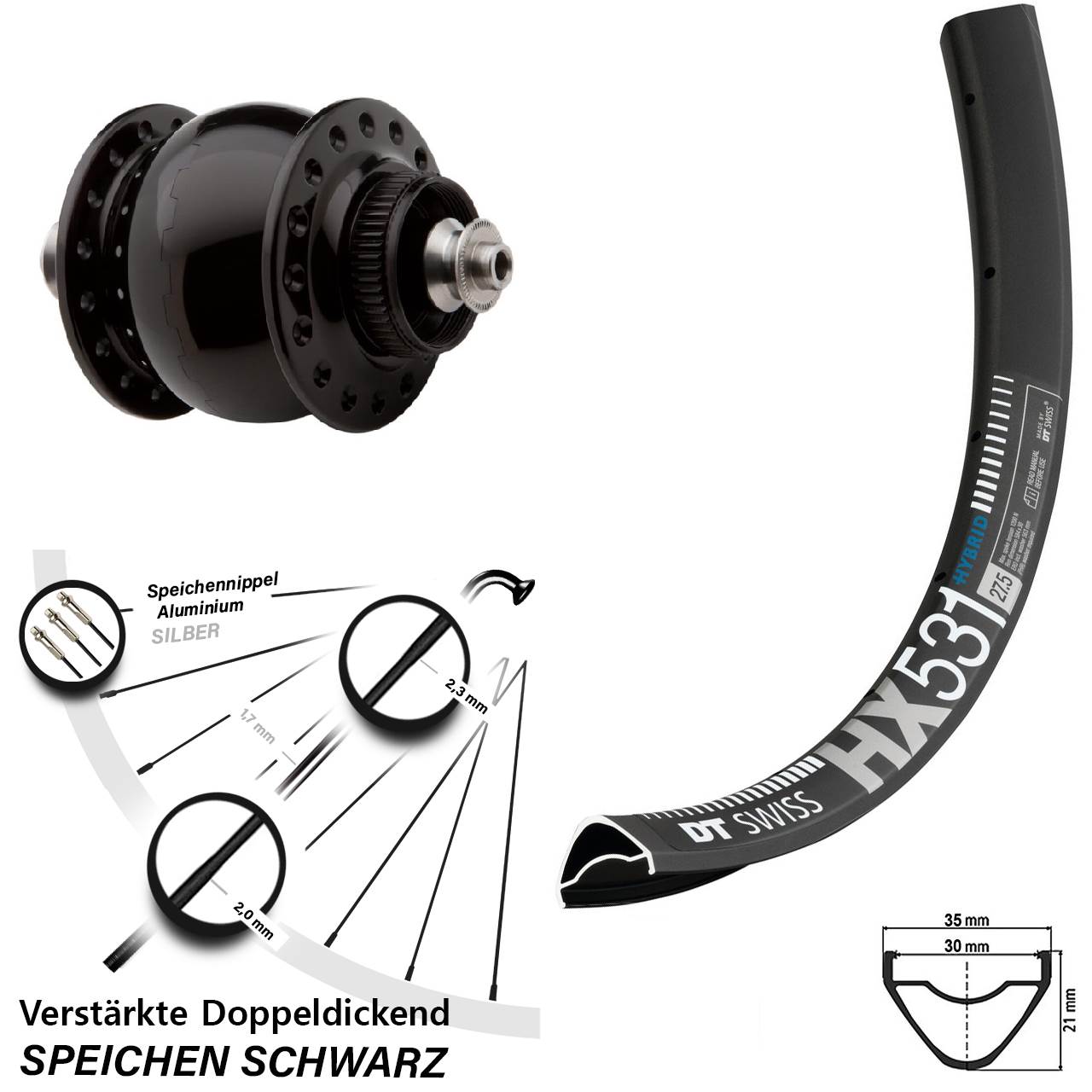 SON delux DT Swiss HX 531 29 Zoll Disc Vorderrad mit Nabendynamo für Schnellspanner