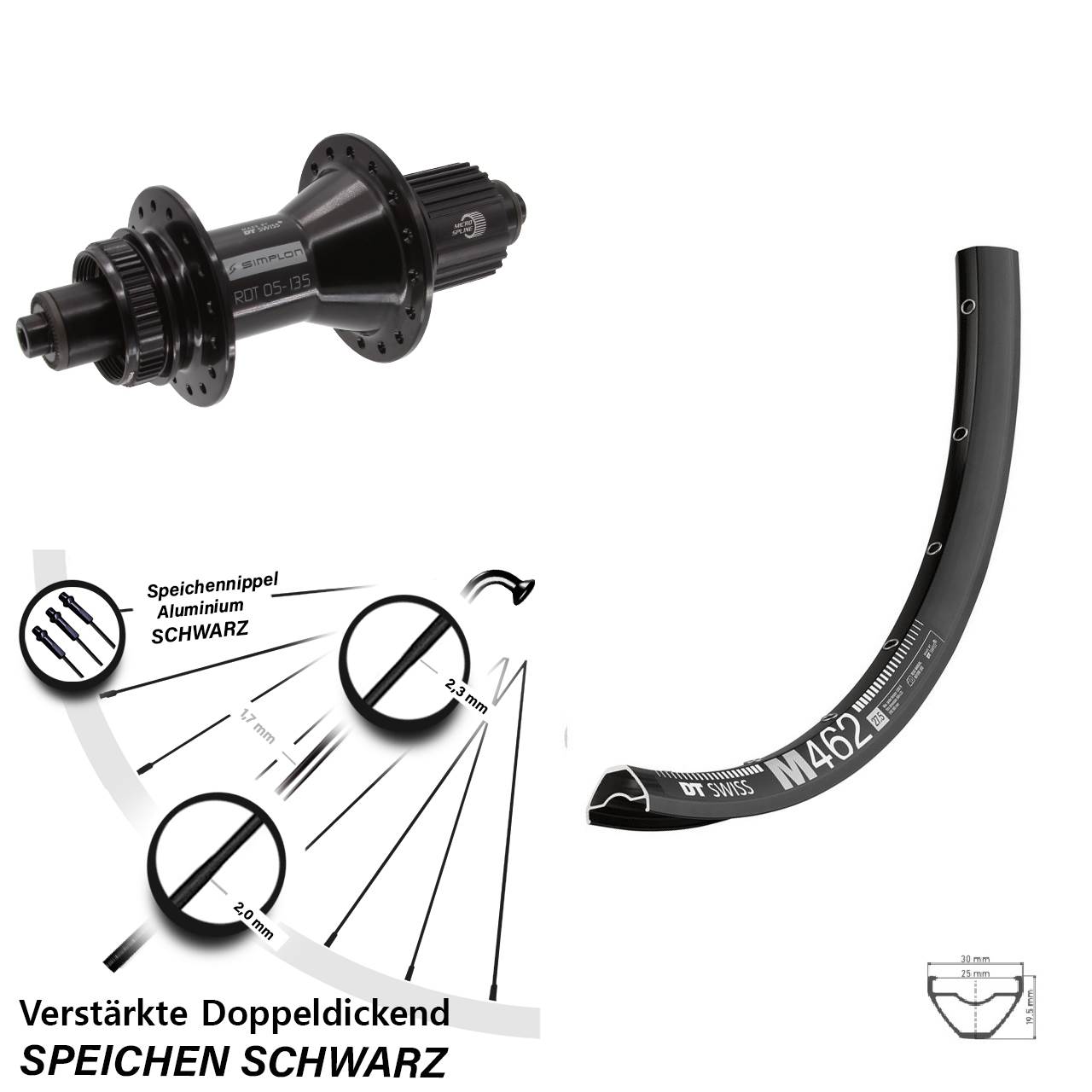 29 Zoll DT Swiss M462-370 Hybrid Disc Laufrad für Schnellspanner Shimano Micro Spline