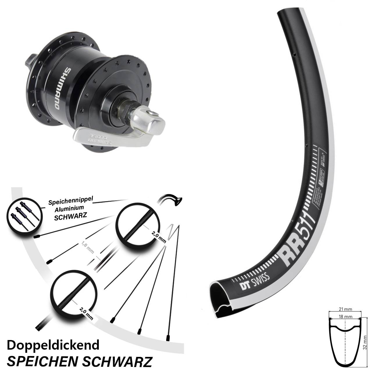 Nabendynamolaufrad für Schnellspanner 28 Zoll DT Swiss RR511 Shimano DH-3N72