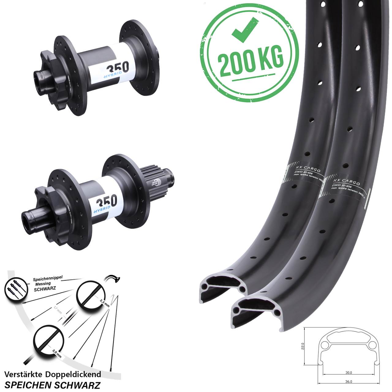 KX Cargo DT Swiss 350 Hybrid 20/26 Zoll 6-Loch Laufradsatz 15x110 12x148 Micro Spline