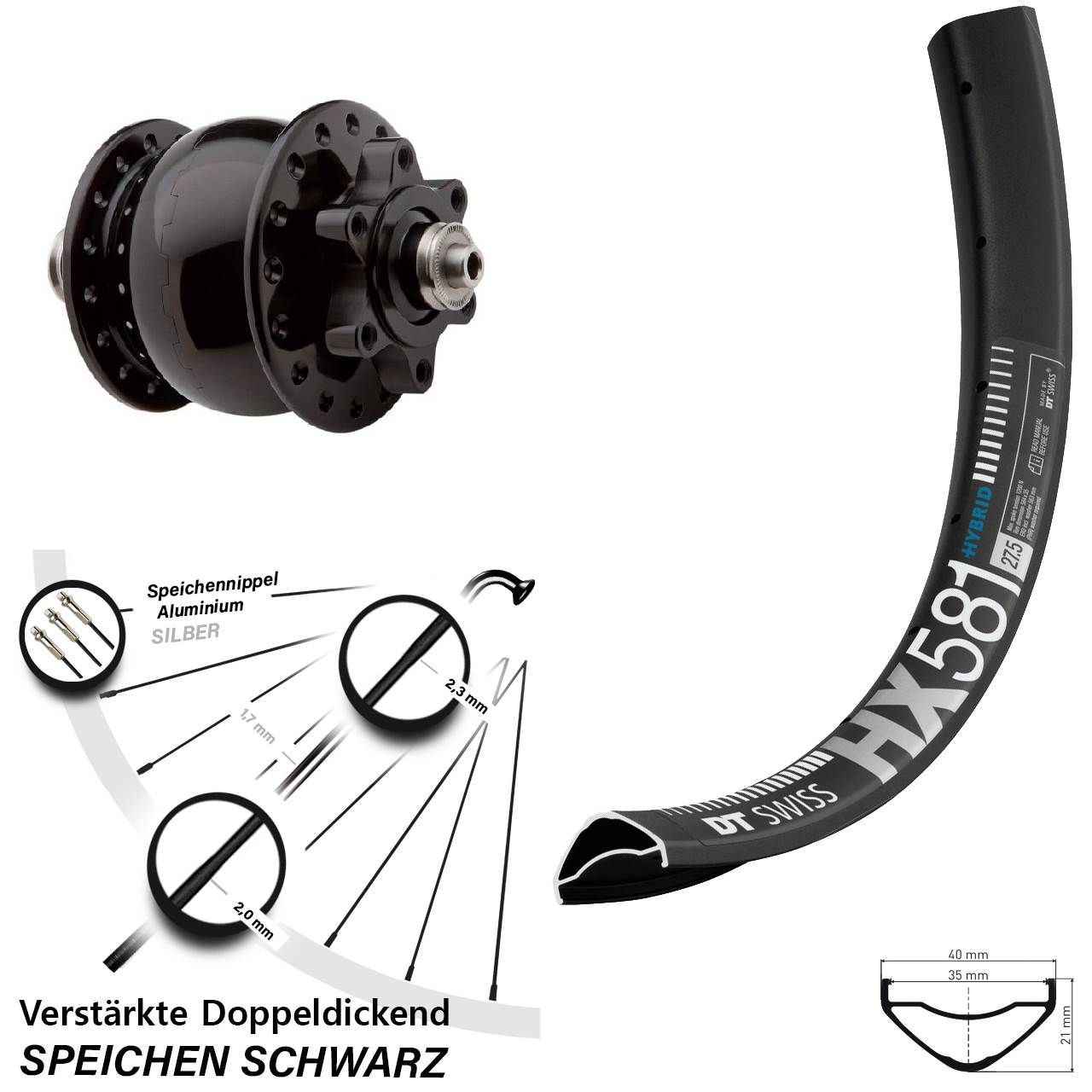 Nabendynamovorderrad 6-Loch 27,5 Zoll DT Swiss HX 581 SON 28 für Schnellspanner