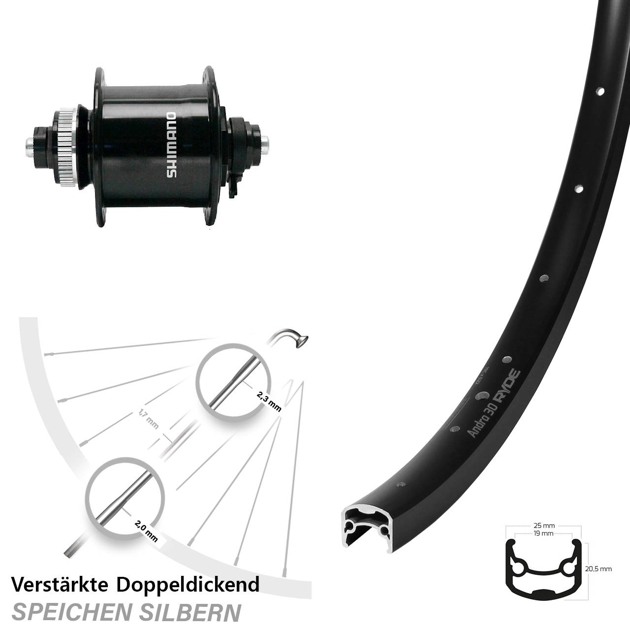 28 Zoll Ryde Andra 30 Shimano DH-UR700 Dynamo-Vorderrad Centerlock QR