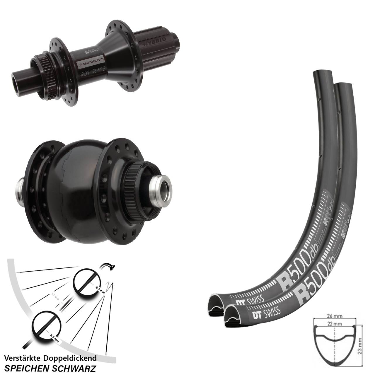 28-29 Zoll DT Swiss R500-370 Hybrid SON delux Disc Laufradsatz 12x100/142 8-11 fach