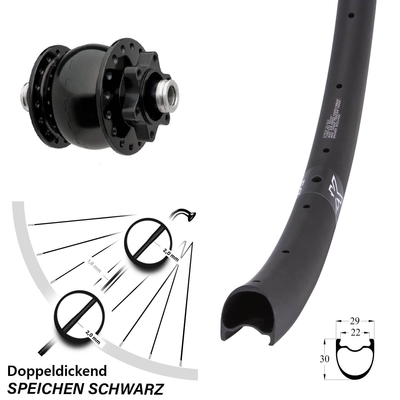 Nabendynamovorderrad 6-Loch 12x100 SON 28 Zoll KX-RC Gravel Carbon