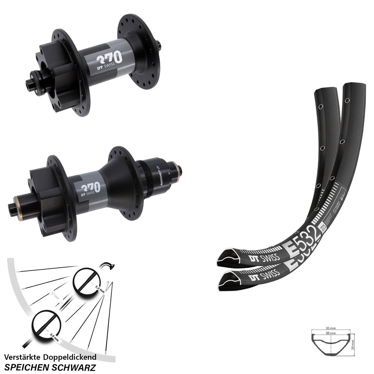 DT Swiss E 532-370 29 Zoll Disc Laufradsatz für Schnellspanner SRAM XD
