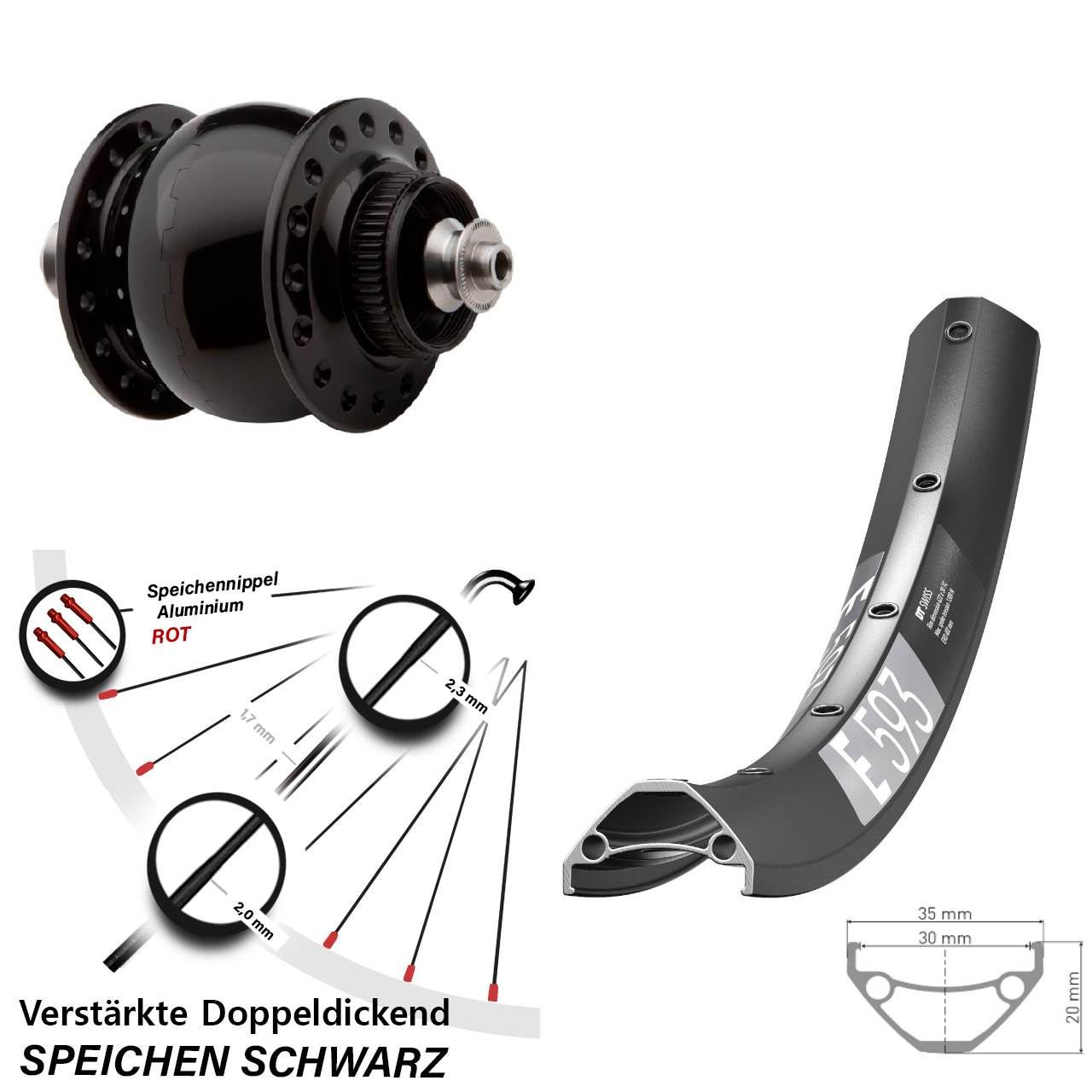 Disc Nabendynamovorderrad 29 Zoll DT Swiss E593 SON delux QR schwarz