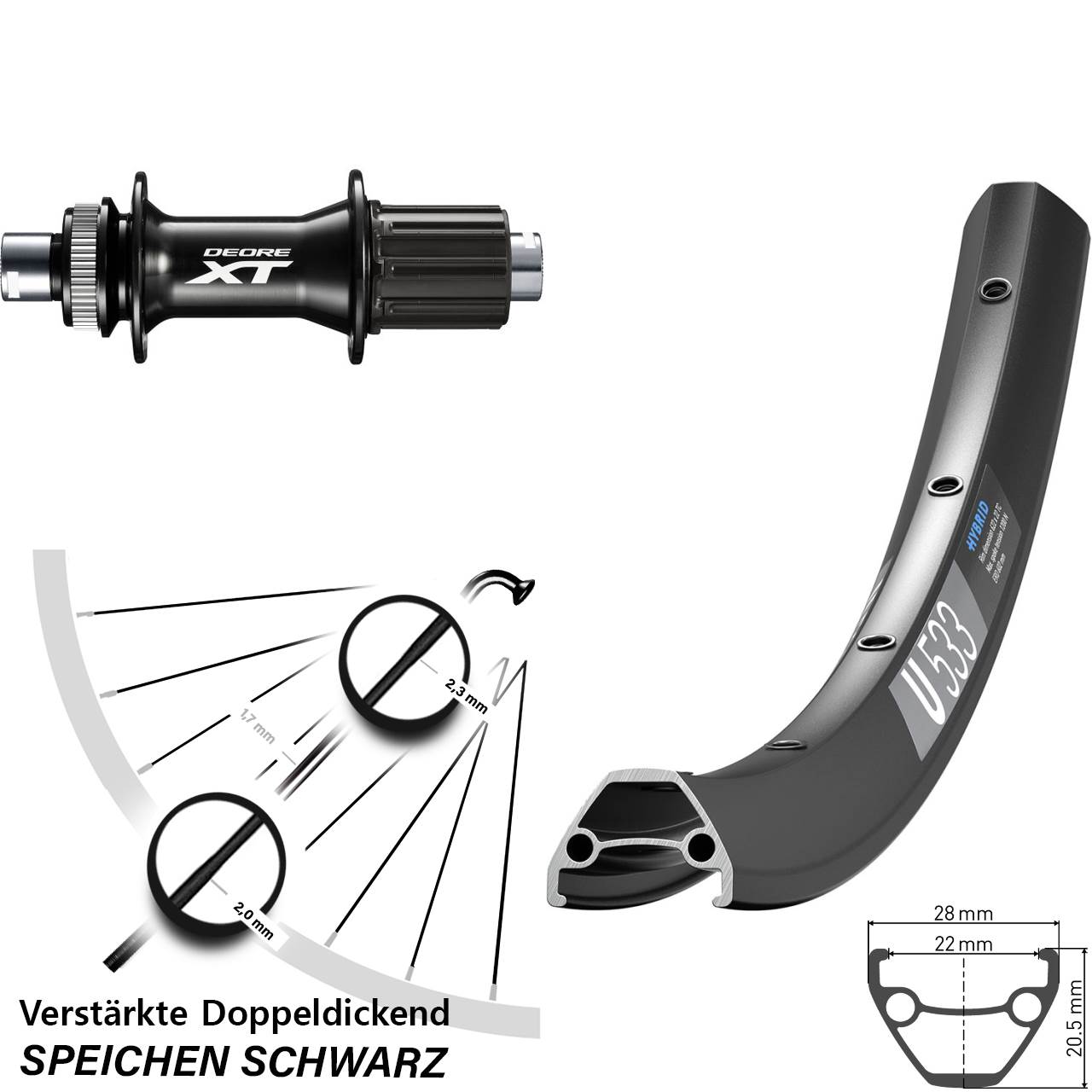 DT Swiss U533 Shimano XT 28 Zoll Centerlock Hinterrad 12x148 8-11 fach HG