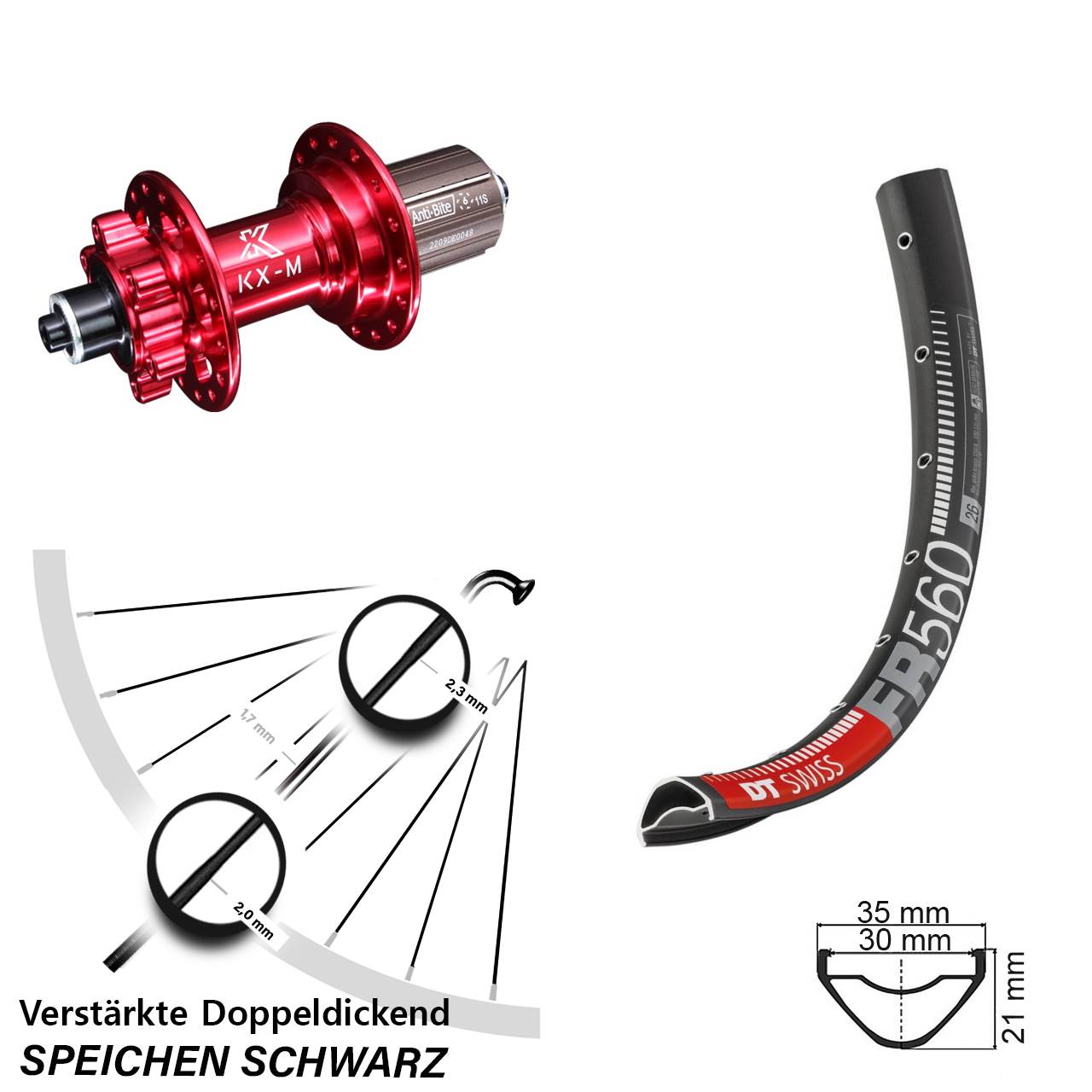 DT Swiss FR 560 KX-M rot 26 Zoll Disc Hinterrad QR 8-12 fach HG