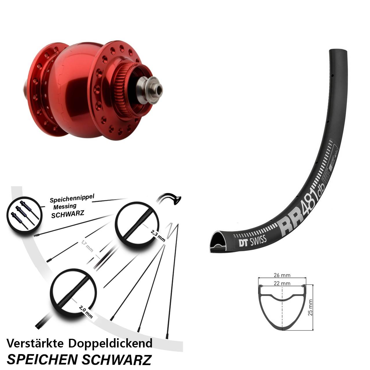 DT Swiss RR481 roter SON 28 Zoll Centerlock Dynamovorderrad für Schnellspanner