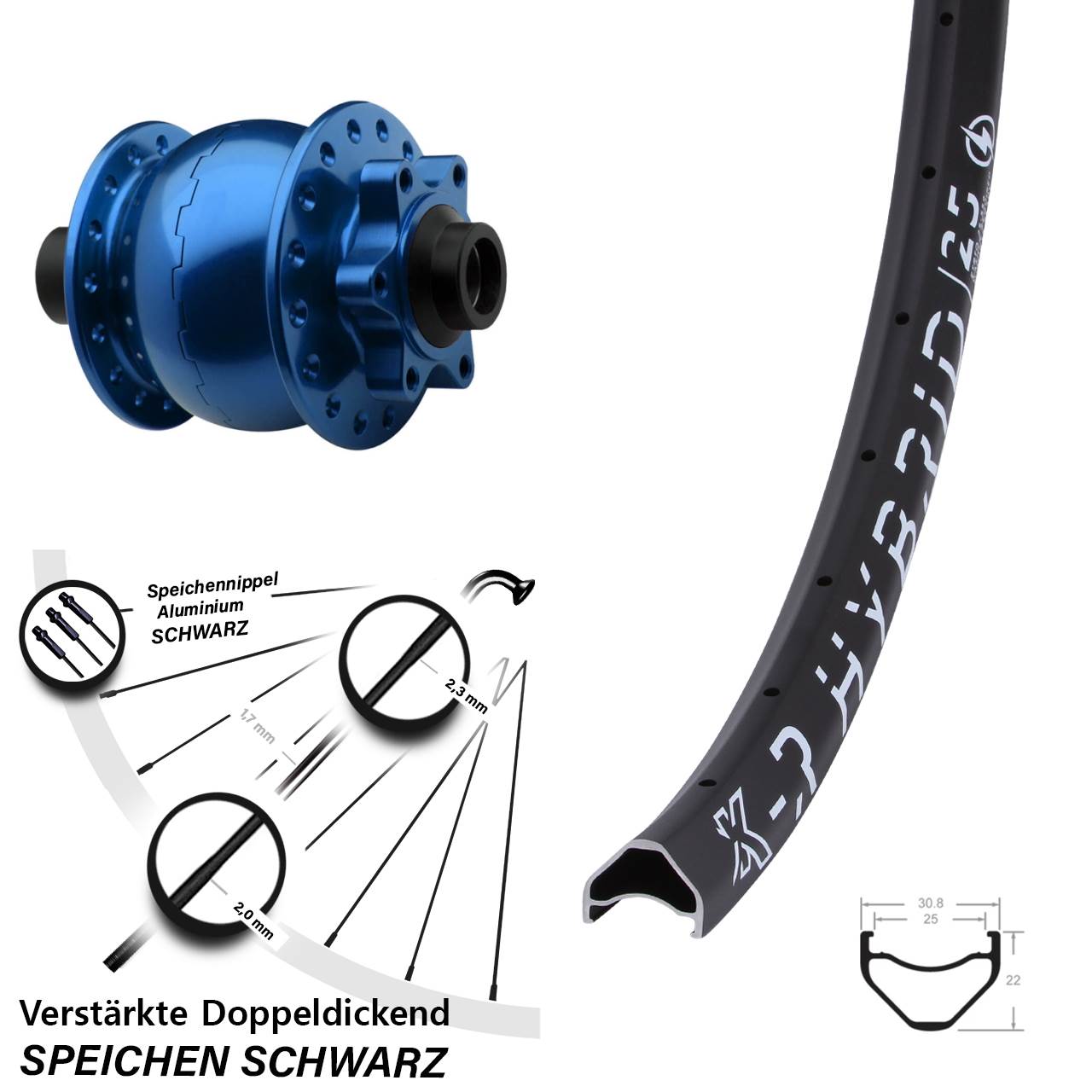 29 Zoll Vorderrad KX-R Hybrid 25 Dynamo SON 28-15 Steckachse 100 mm blau eloxiert