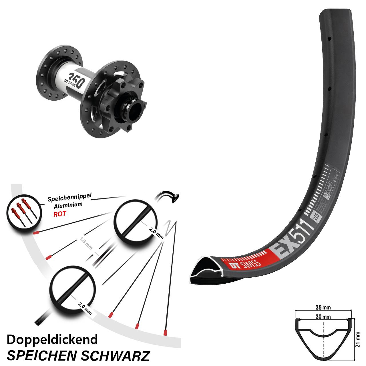 Vorderrad 27,5 Zoll DT Swiss EX 511 Disc 350 12x100 schwarz