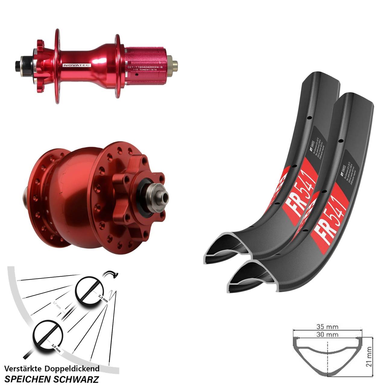 29 Zoll DT Swiss FR541 Novatec D792SB SON 28 rot Laufradsatz 6-Loch QR 8-12 fach