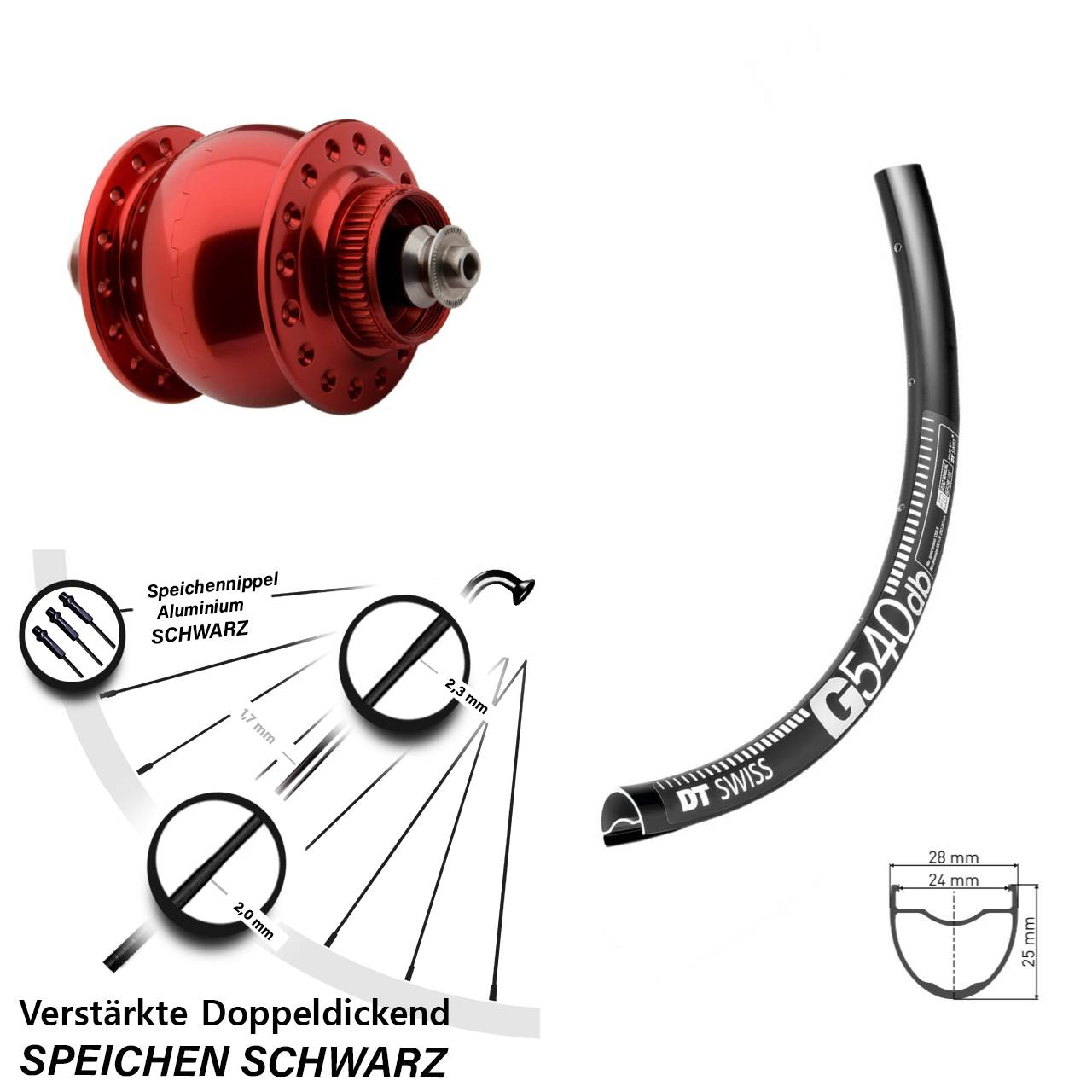 Disc Nabendynamovorderrad 27,5 Zoll DT Swiss G540 SON delux rot QR
