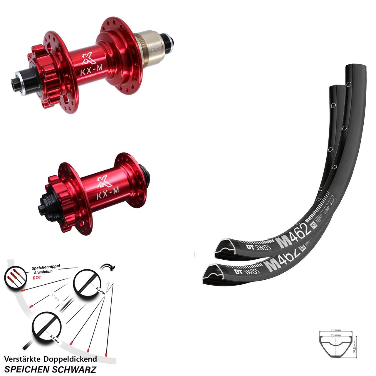 DT Swiss M462 KX-M rot 27,5 Zoll Disc Laufrad-Satz QR XD 11-12 fach