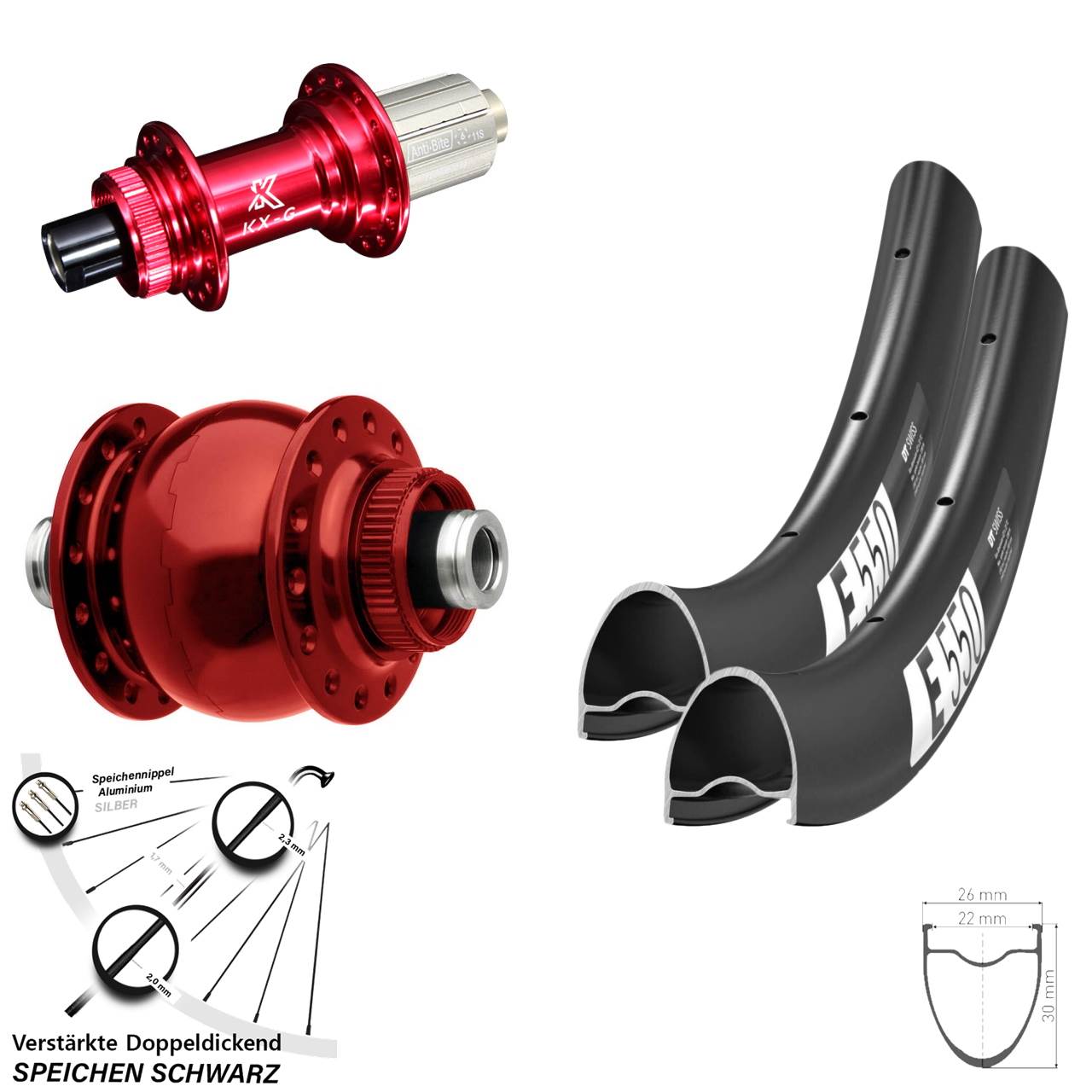 Laufradsatz Centerlock DT Swiss E 550 KX-G rot SON 28 Zoll 8-12 fach HG 12x100/142