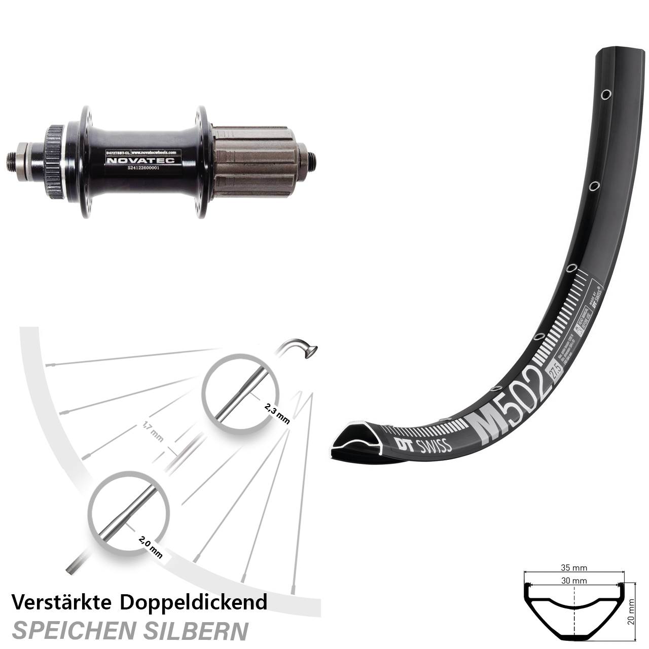 29 Zoll DT Swiss M 502 Novatec D472 Hinterrad Centerlock QR 8-12 fach HG