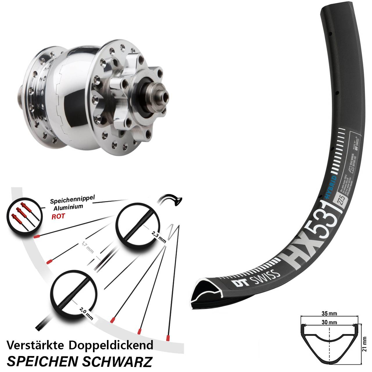 Nabendynamovorderrad 6-Loch 29 Zoll DT Swiss HX531 SON 28 QR