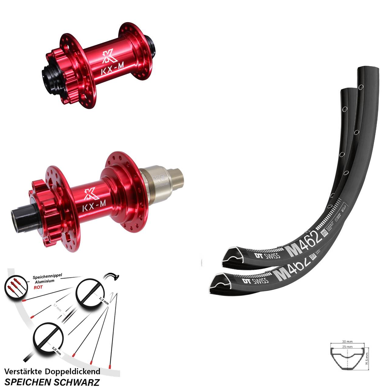 27,5 Zoll DT Swiss M 462 KX-M rot Disc Laufradsatz 15x100 12x142 SRAM XD