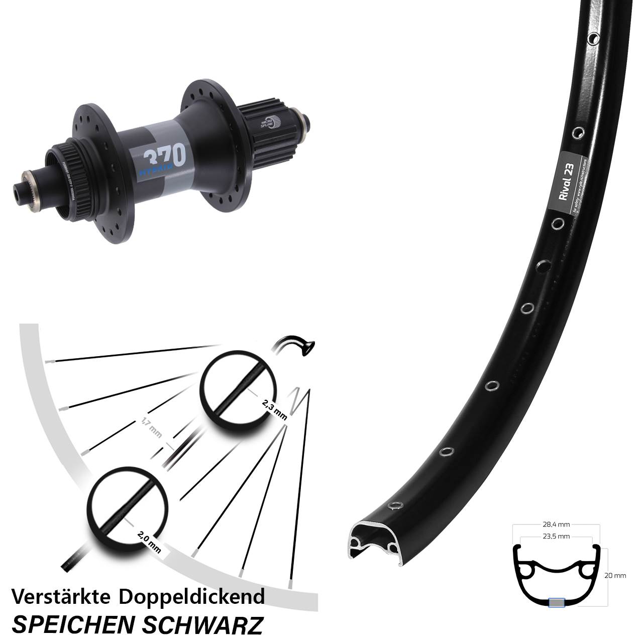 27,5 Zoll Ryde Rival 23 DT Swiss 370 Hybrid Disc Laufrad QR Boost Micro Spline