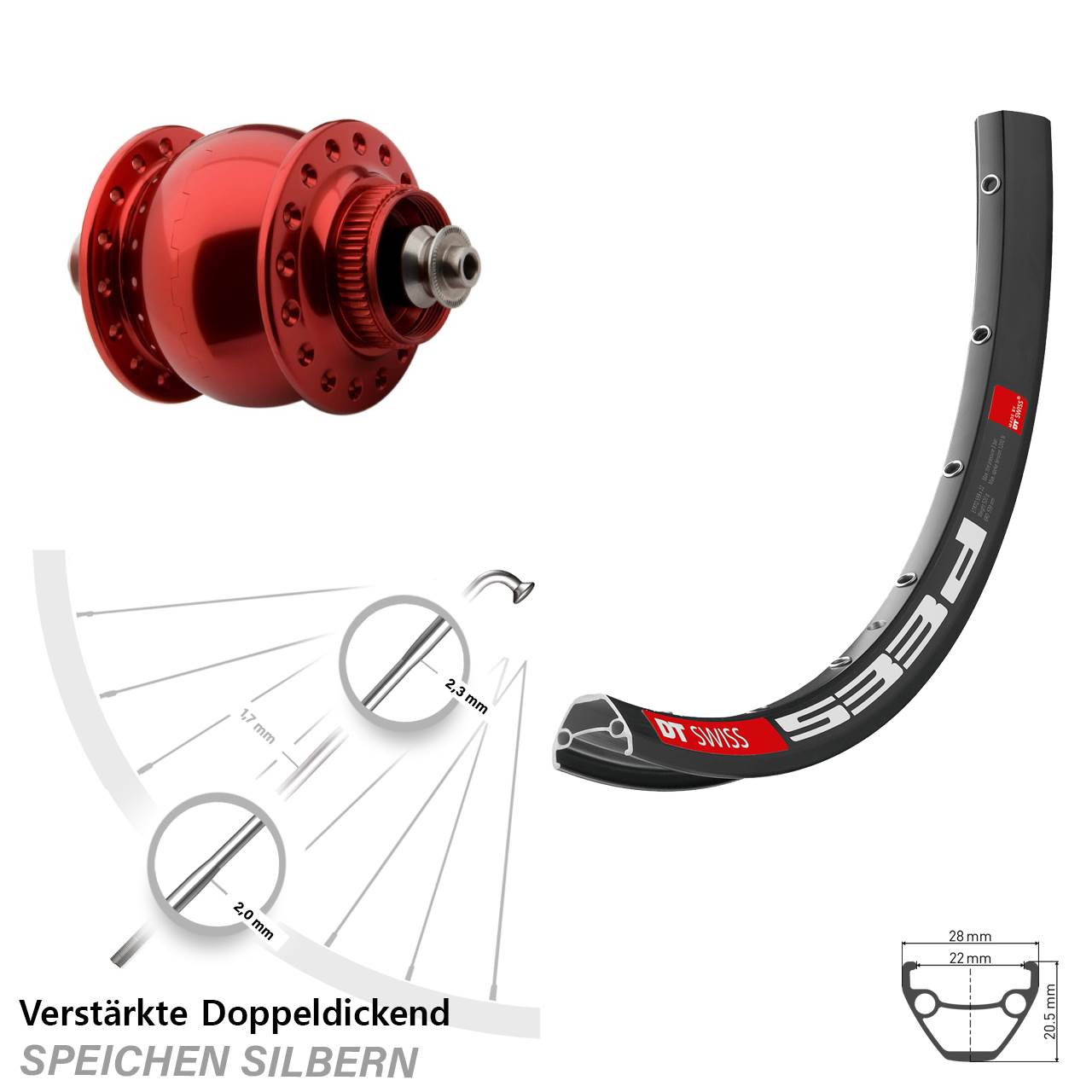 Disc Nabendynamo-Laufrad 27,5 Zoll DT Swiss 533d SONdelux rot für Schnellspanner