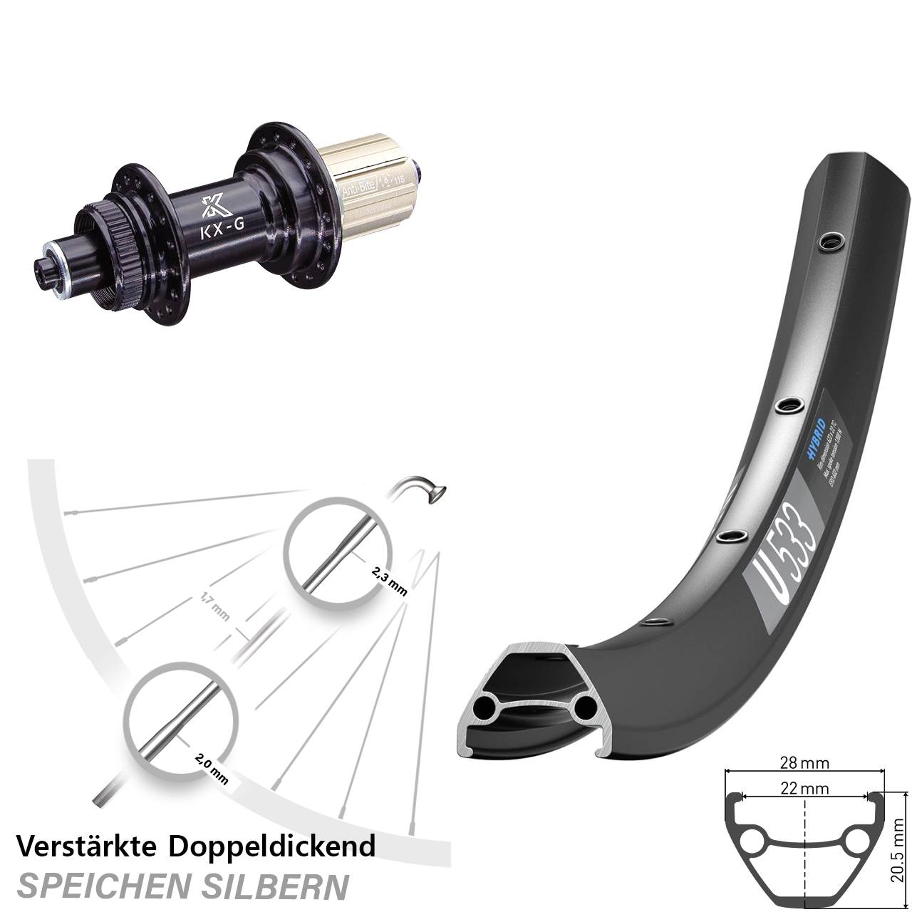 Centerlock Hinterrad 29 Zoll DT Swiss U533 KX-G 8-12 fach für Schnellspanner
