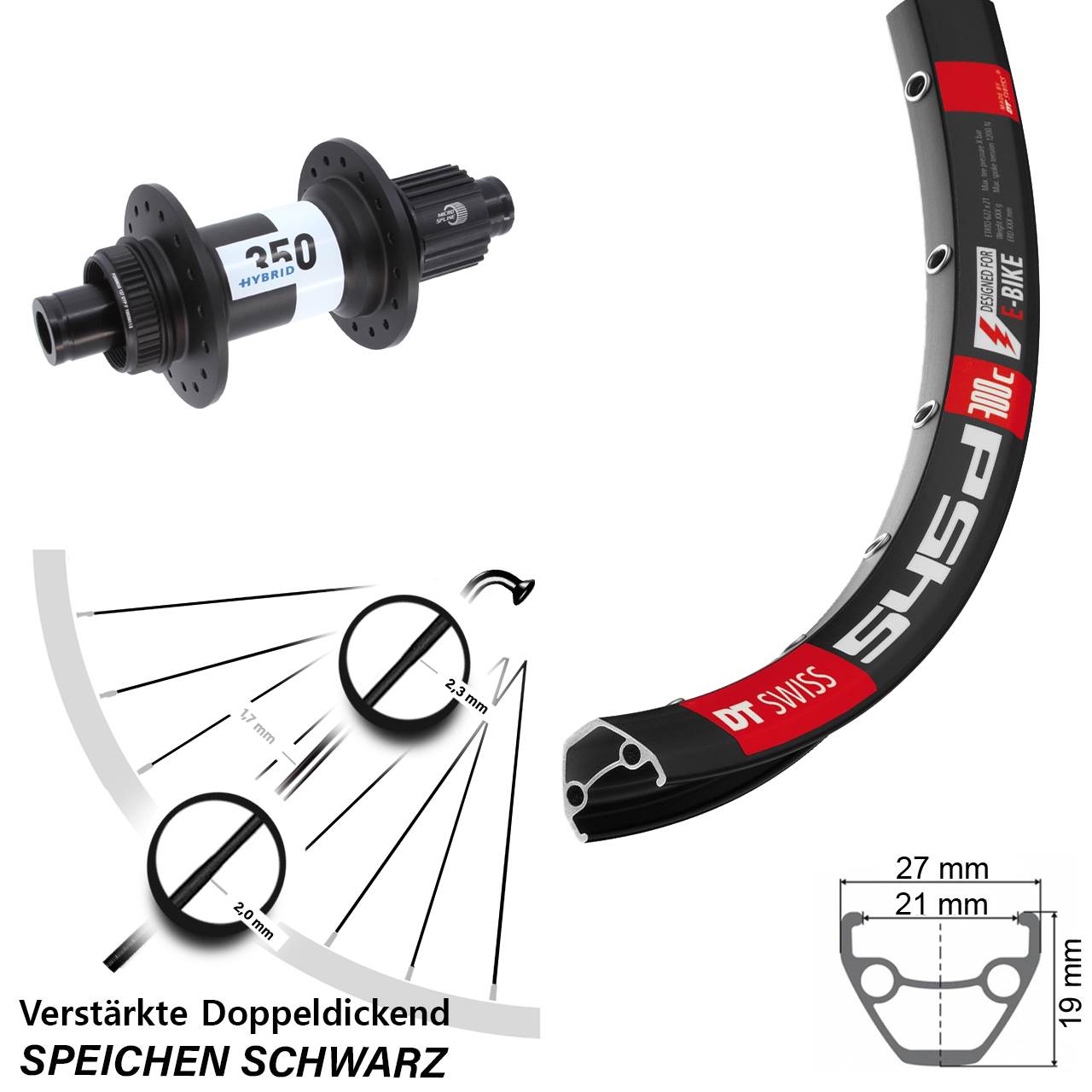 26 Zoll E-Bike 545d DT Swiss 350 Hybrid Boost Hinterrad 12x148 Shimano Micro Spline