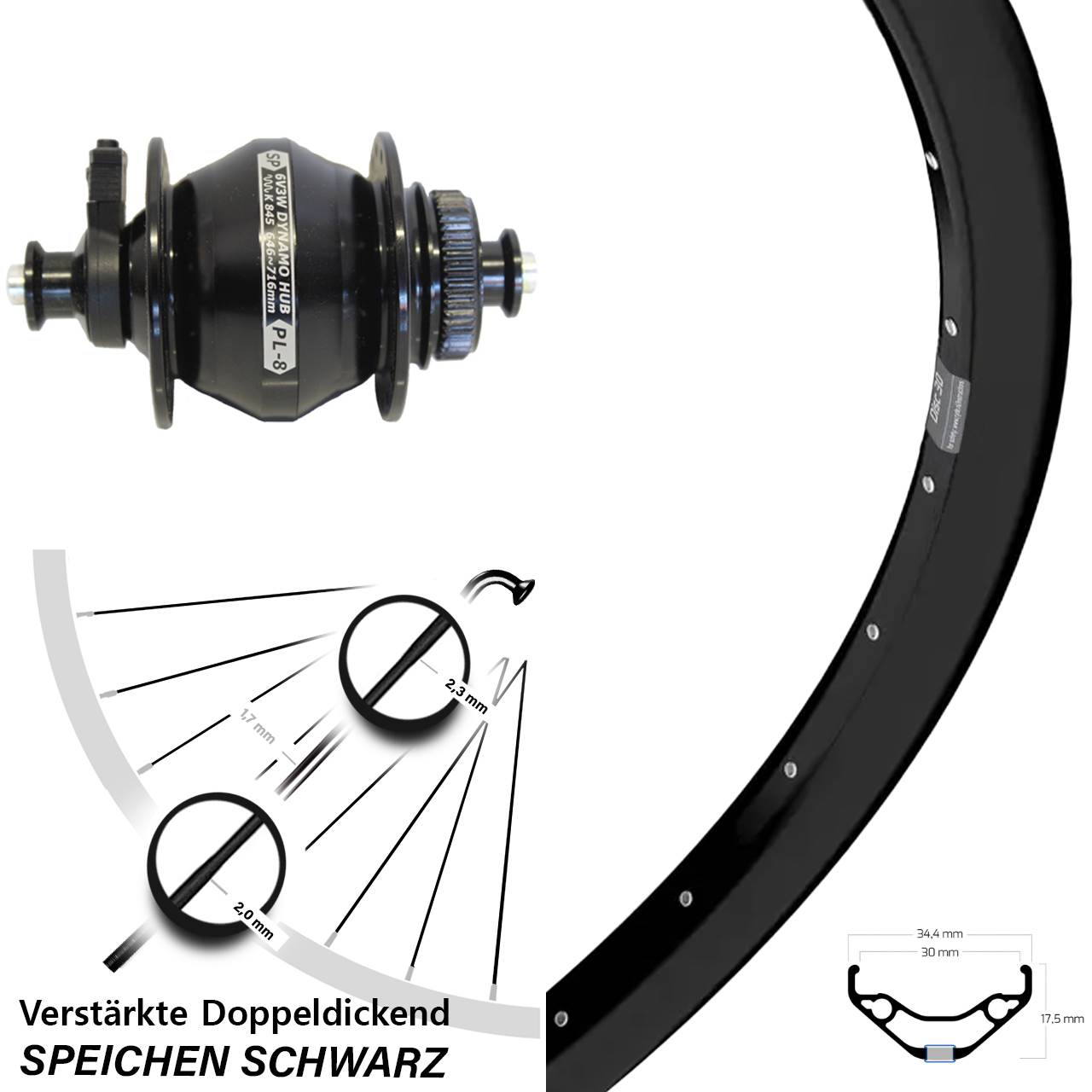 Nabendynamovorderrad Centerlock QR 27,5 Zoll Ryde Disc 30 Shutter Precision PL-8