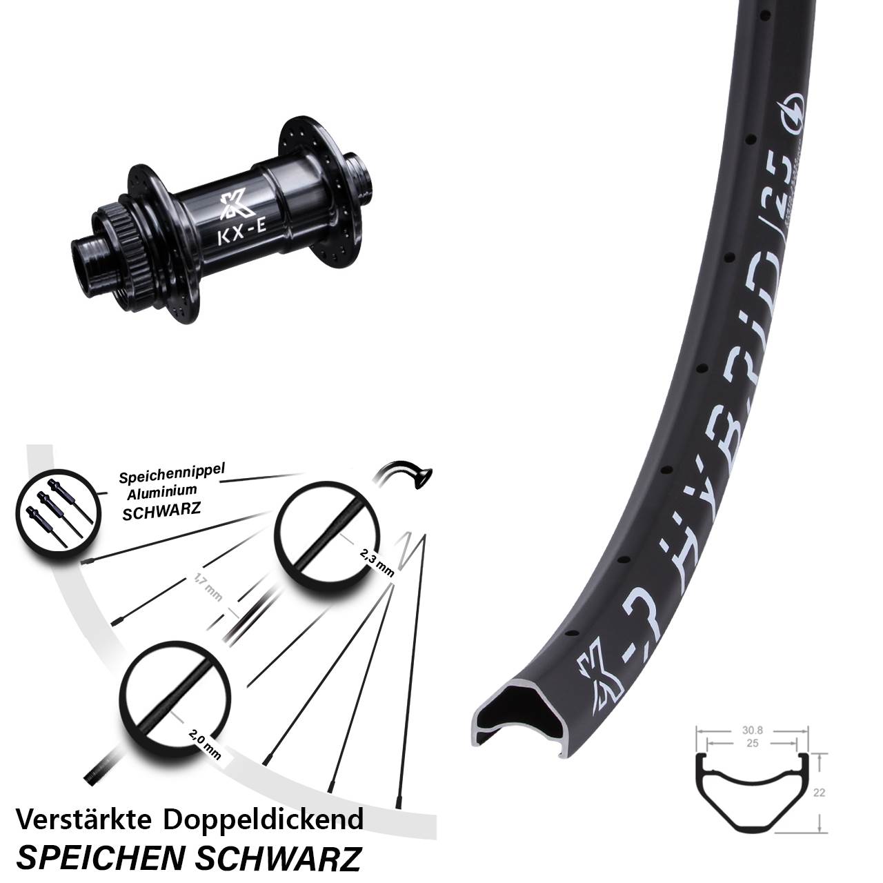 Vorderrad E-Bike 29 Zoll KX-ER Hybrid 25 schwarz Centerlock Steckachse 15x100 mm verstärkt