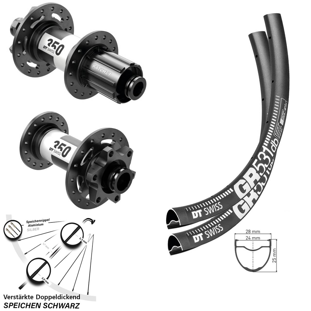 28 Zoll DT Swiss GR 531 350 Laufradsatz 6-Loch 15x110 12x148 8-11 fach HG