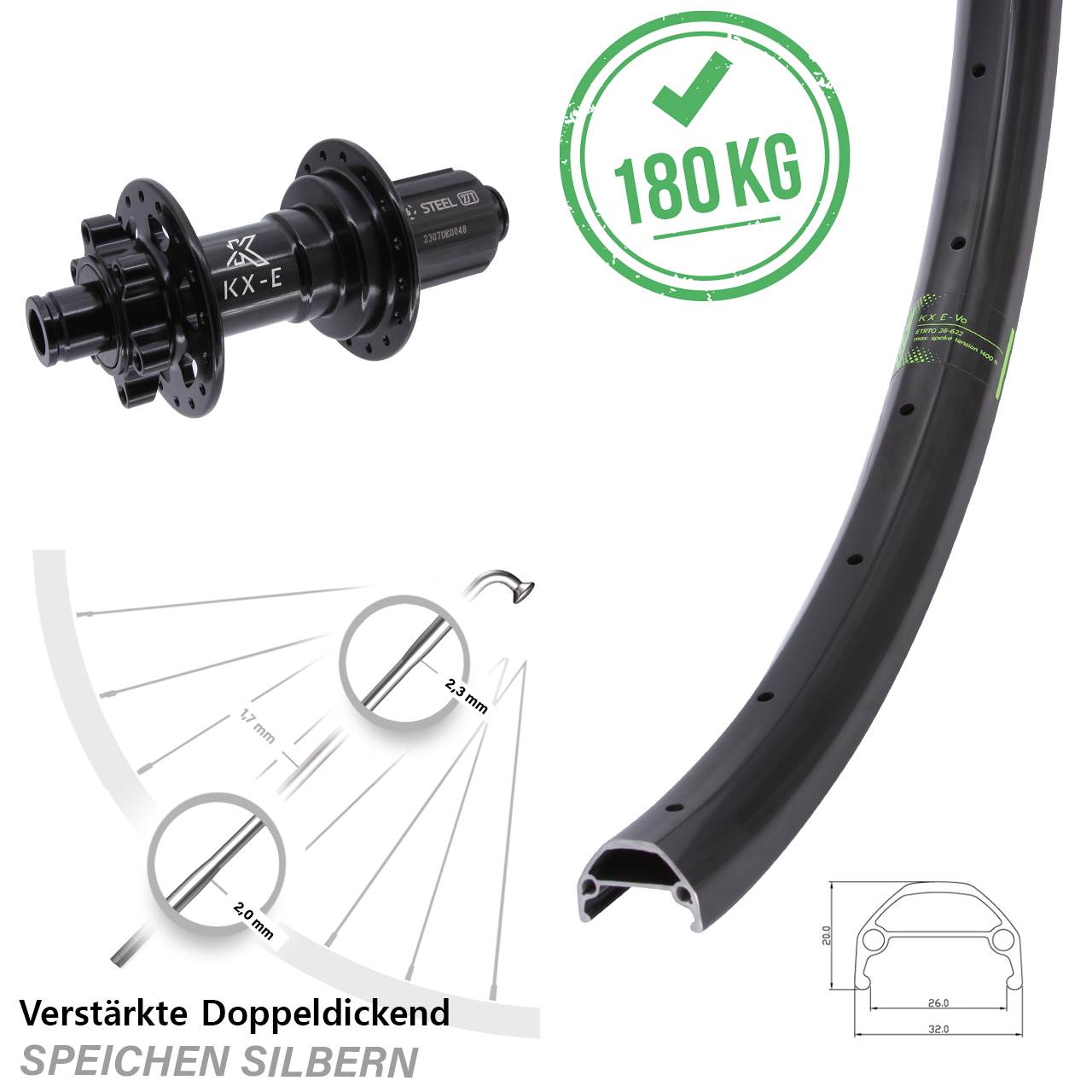 Boost Hinterrad 12x148 mm 20 Zoll KX Evo Stahl Freilauf 8-12 fach