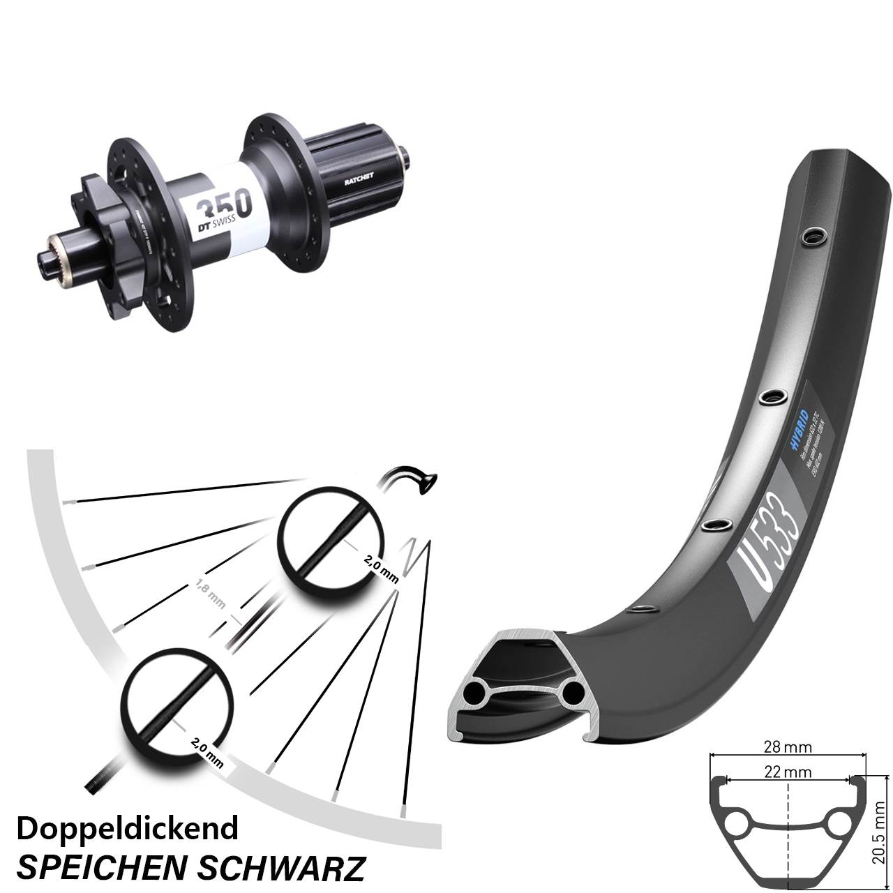 Hinterrad 28 Zoll DT Swiss U 533-350 6-Loch 8-11 fach QR