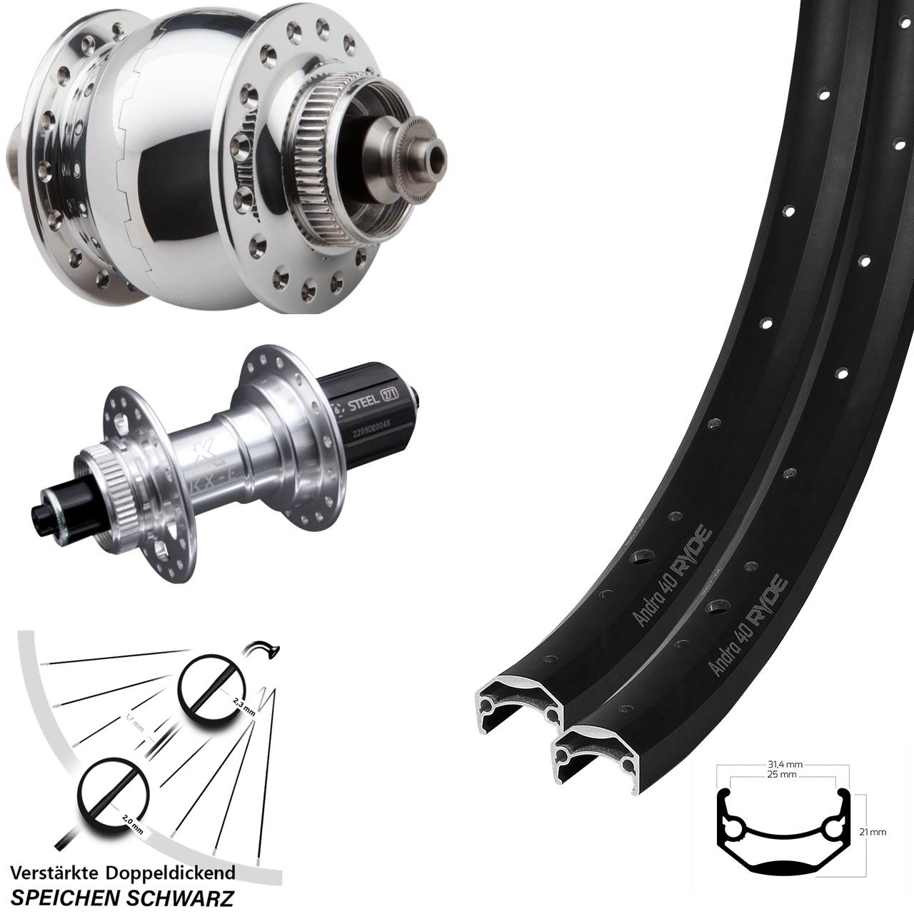 20 Zoll Ryde Andra 40 KX-E verstärkt SON 28 Centerlock Laufradsatz QR 8-12 fach