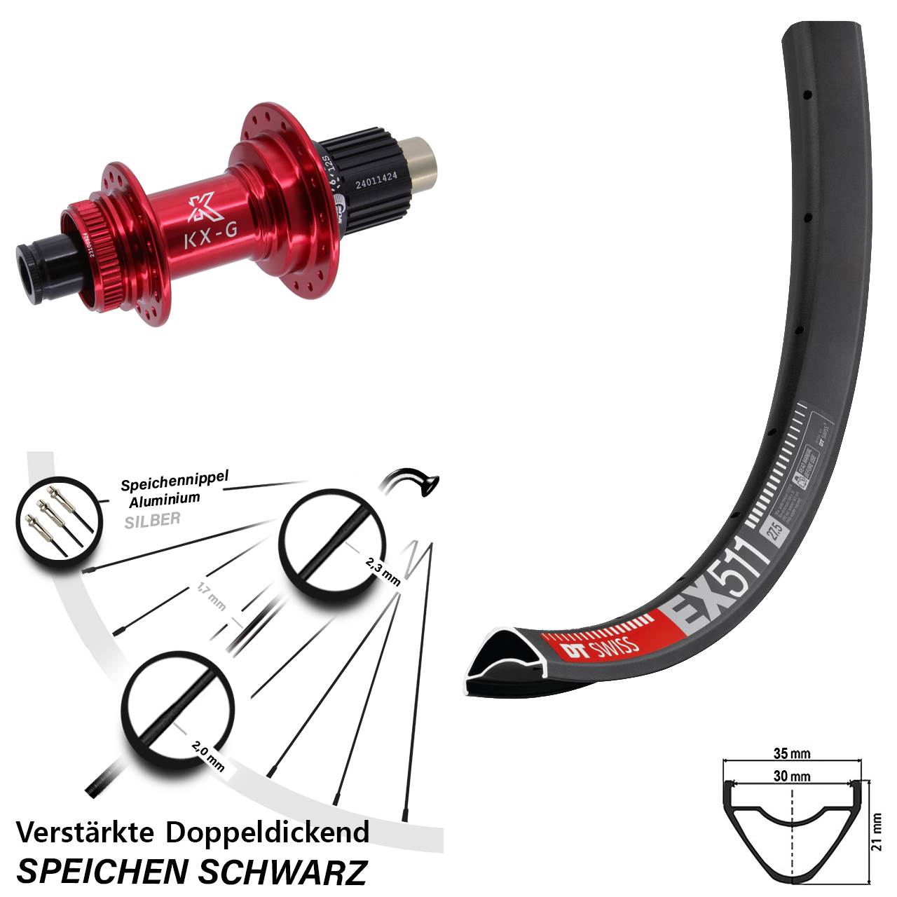 Centerlock Hinterrad 27,5 Zoll DT Swiss EX 511 KX-G rot Shimano Micro Spline 12x142