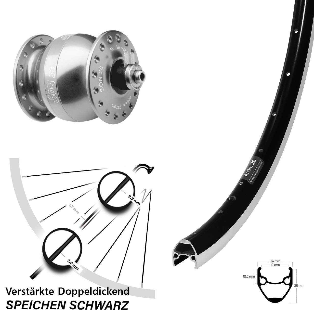 Nabendynamovorderrad QR SON 28 Zoll Ryde Andra 20 silbern