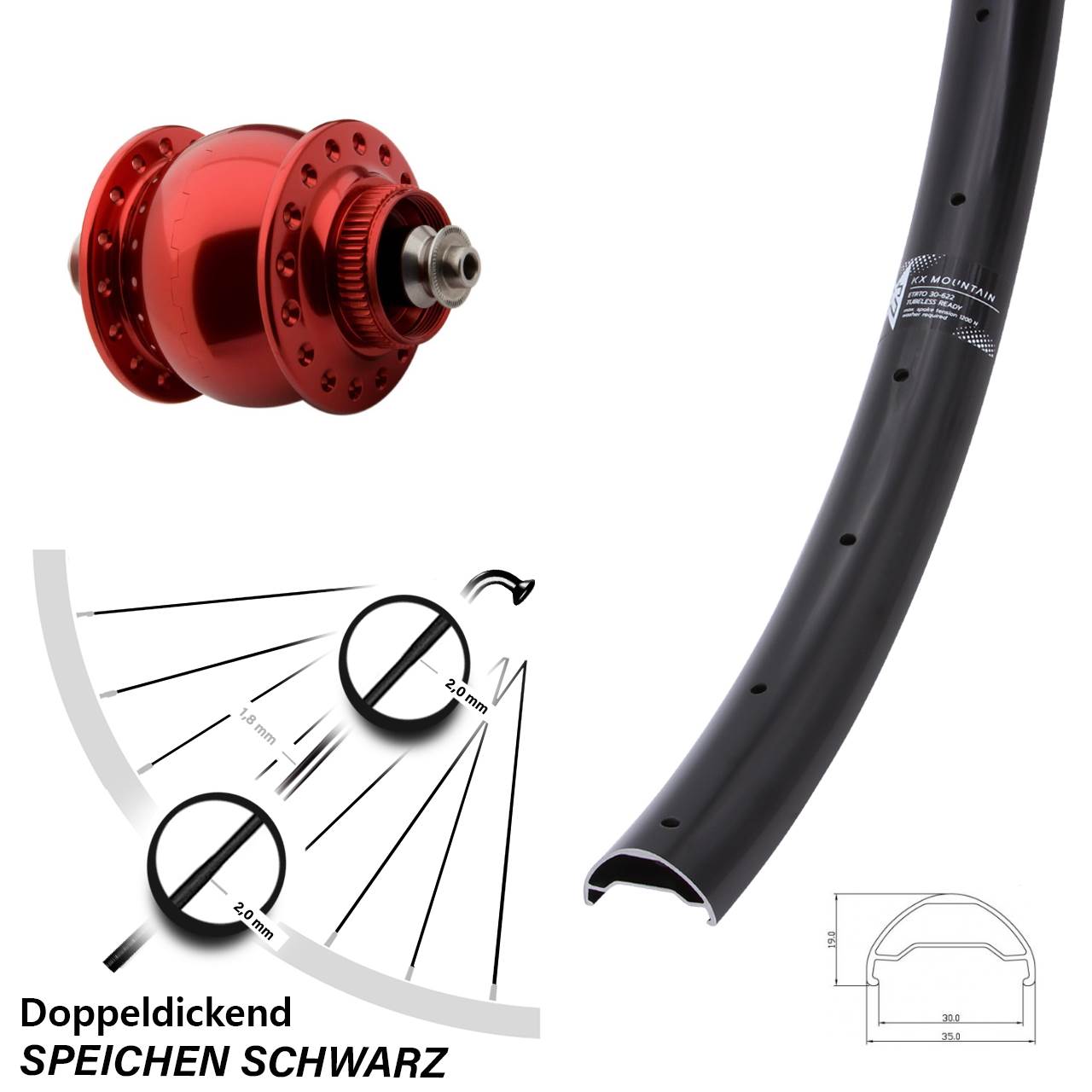 Nabendynamo-Vorderrad Centerlock 29 Zoll KX Mountain TR SON 28 rot QR