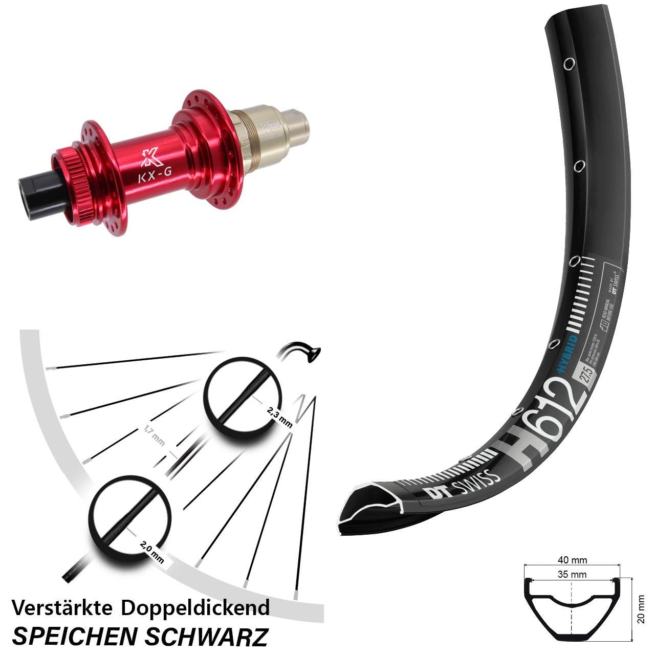 DT Swiss H 612 KX-G rot 27,5 Zoll Hinterrad Centerlock 12x142 XDR 11-12 fach